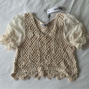 NWT 100% Cotton Crochet Top with Eyelet Detail Sleeves